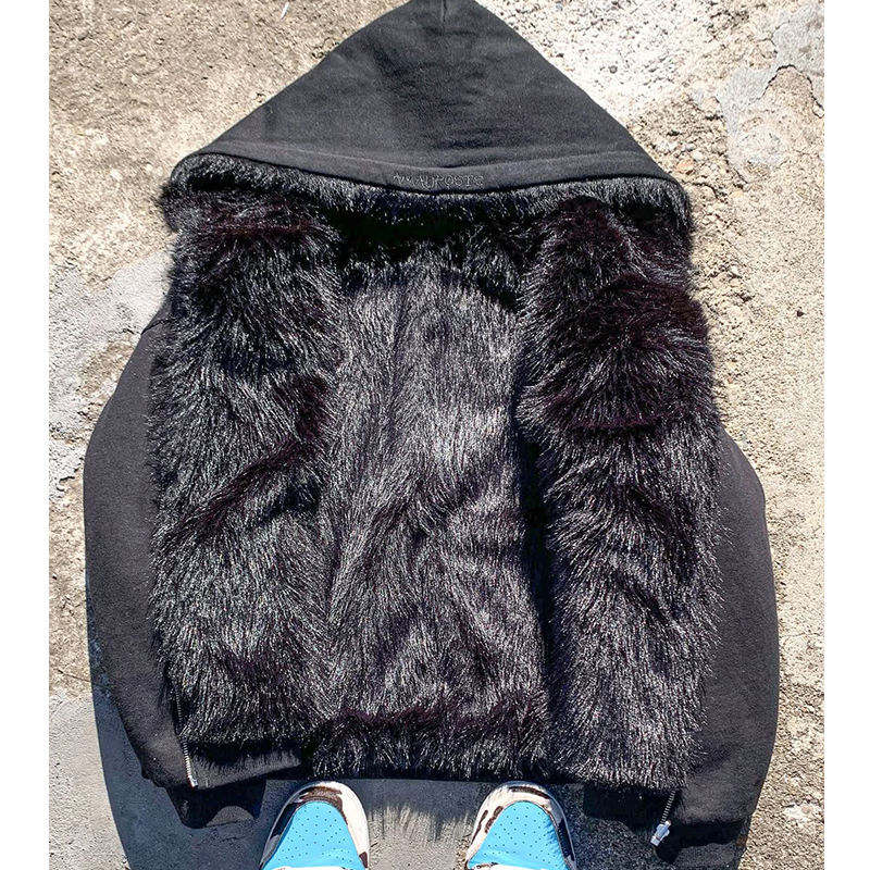 Winter Hoodies Men Clothing Custom Reversible Zip up Fur Hoodie with Fur Inside, Heavyweight Hoodie Winter Clothes for Man