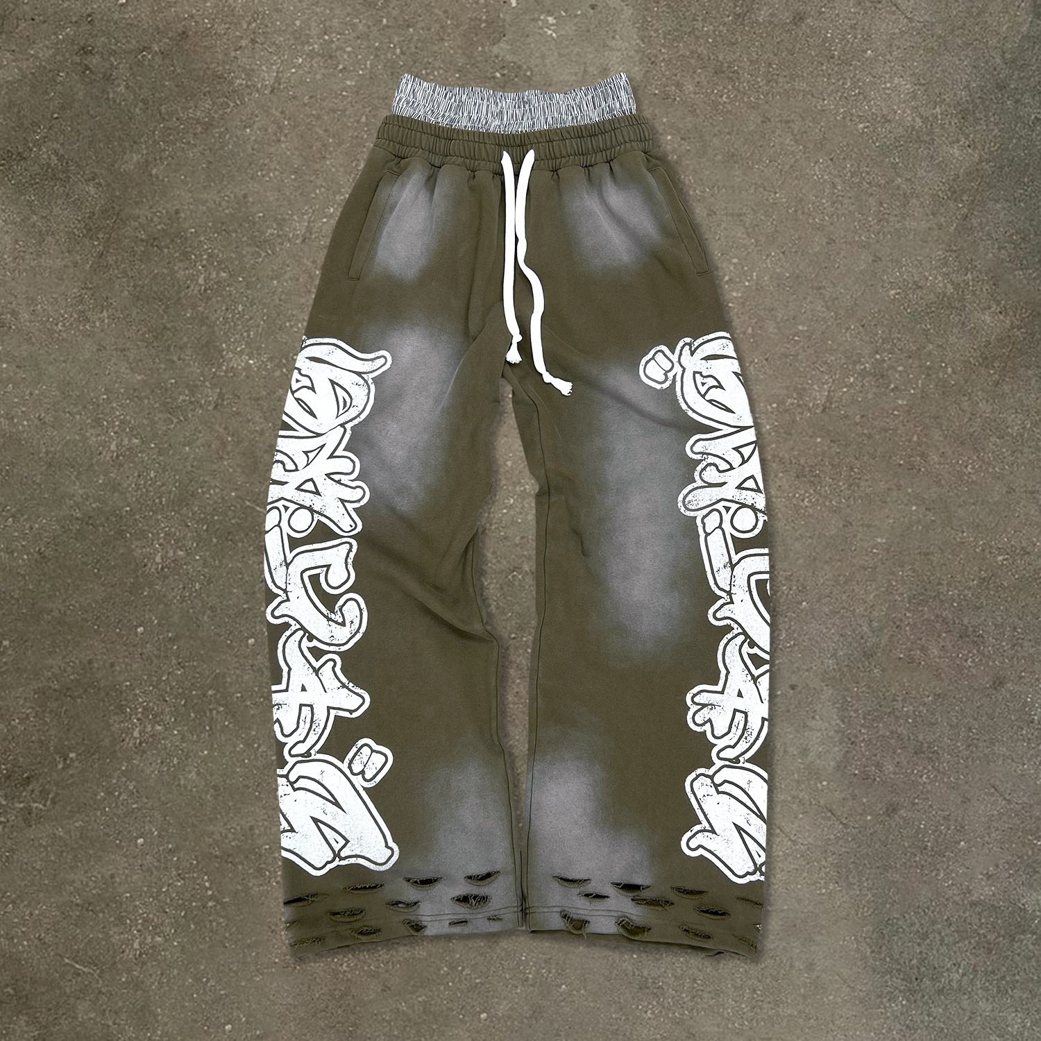 Custom Printed Sun Faded Stacked Jogger Double Waist Sweatpants Streetwear Acid Wash Distressed Baggy Track Pants for Men