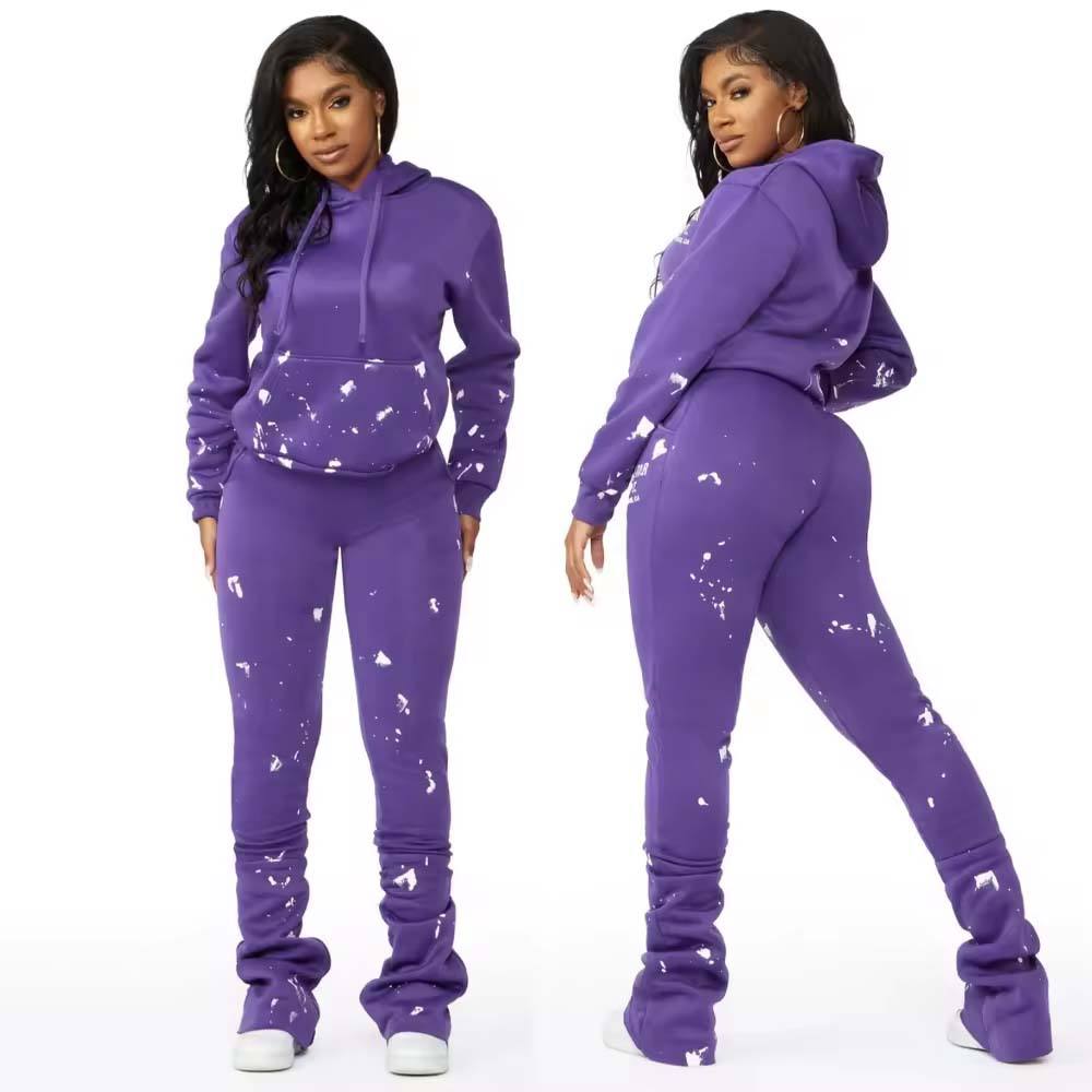 New Arrivals Women Stacked Flared Pants Two Pieces Set Fleece Heavyweight French Terry Matching Sweatsuit Ladies Tracksuit