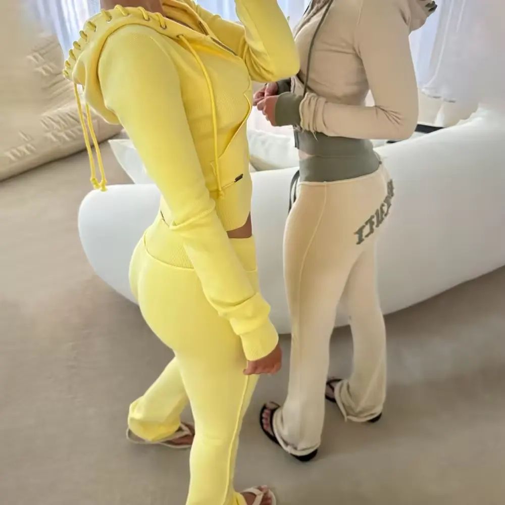 Custom Cotton Knit Y2k Flared Stack Jogging Tracksuits Female Cropped Slim Fit Hoodie Set Skinny Distressed Sweatsuit Women