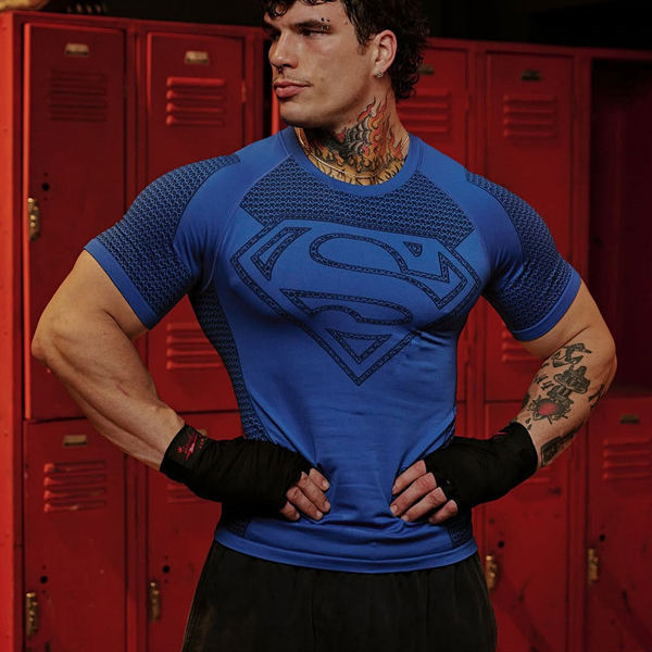 15 180 GSM Private Label Sportswear Men Superman Muscle Tee Logo Custom T Shirt Personalisable Superhero Compression Shirts