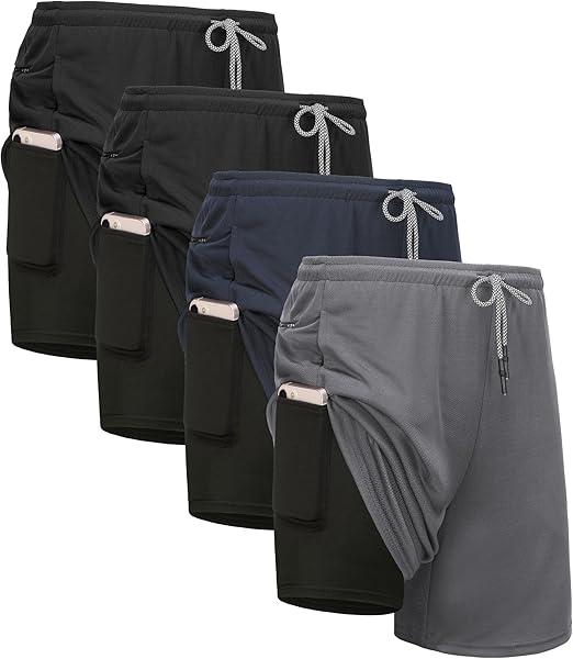 Kinglaman 4 Pack Mens 2 in 1 Running Workout Shorts with Liner, Gym Athletic Quick Dry Sport Shorts with Pockets