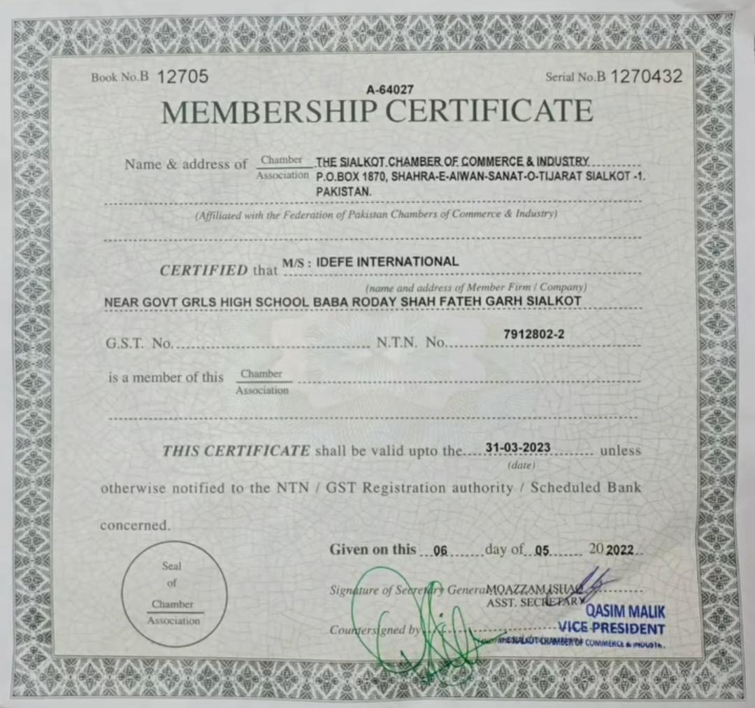 THE SAILKOT CHAMBER OF COMMERCE & INDUSTORY'S MEMBERSHIP CERTIFICATE